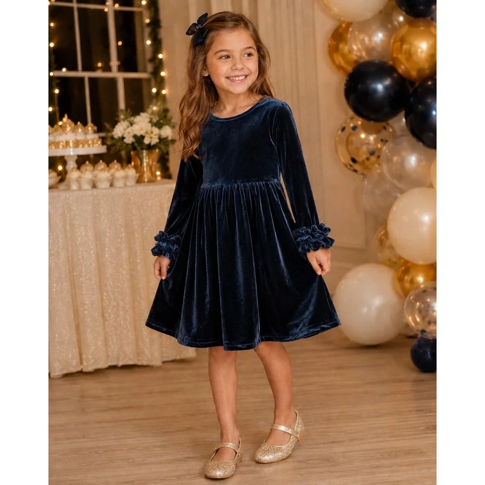 Marie Nicole Velvet Icing Ruffle Dress Kids Size 6 XXL Muted Navy Excellent
